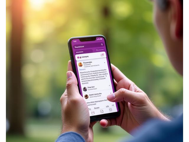 A smartphone displaying the Garnet Guide community app interface with an active discussion, held by a person outdoors in a park, illustrating seamless mobile access.