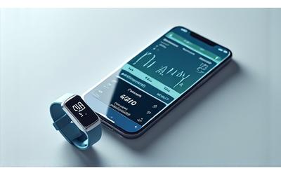 A modern wrist-worn health tracker displaying heart rate data, next to a smartphone showing a wellness app, conveying personal health monitoring.