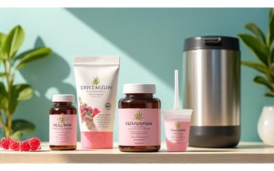 A vibrant display of healthy nutrition products, including various vitamin bottles, organic superfood powders, and a sleek blender on a kitchen counter.