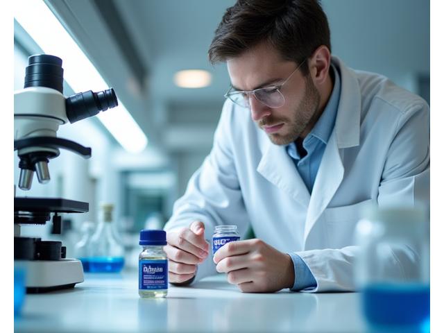 A scientist in a lab coat meticulously examining a supplement bottle under bright, clean lab conditions, symbolizing rigorous product testing and quality control.