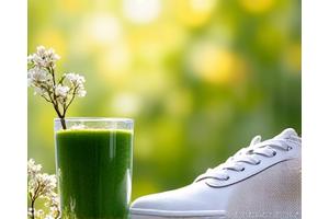 A fresh spring scene with detox tea, green smoothies, sun hat, and walking shoes, symbolizing renewal and outdoor activity.