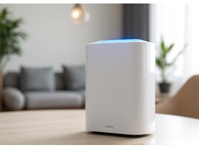 A compact, smart air purifier with a minimalist design, emitting a gentle glow, signifying clean air and a healthy home environment.
