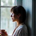 A person looking calmly out a window, with a soft blur, symbolizing mental wellness and stress management