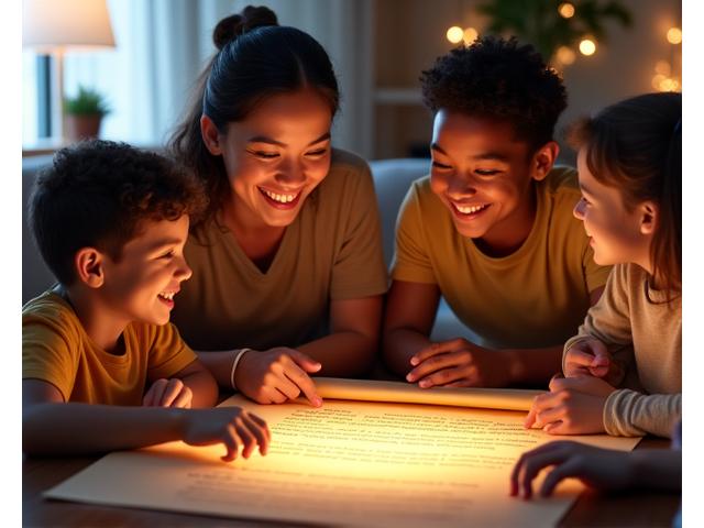 Image of a family (parents and two children) sitting together, smiling, with a symbolic 'digital detox agreement' scroll in front of them, representing healthy family tech use.