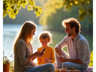 Image of a family enjoying an outdoor picnic without phones, symbolizing a weekend digital sabbath.