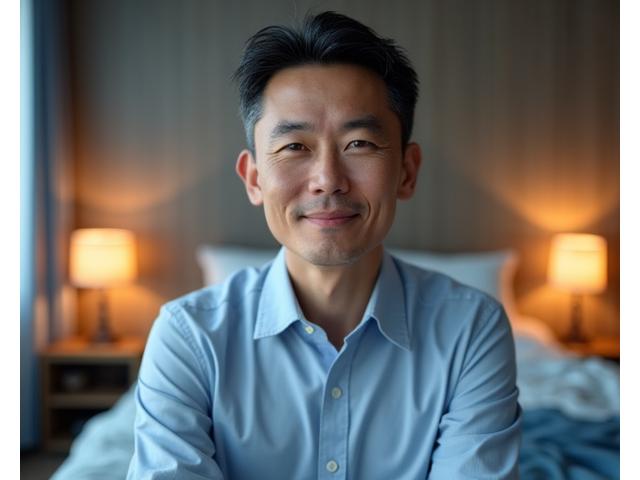 Portrait of Dr. David Kim, a thoughtful male sleep physician in his 50s