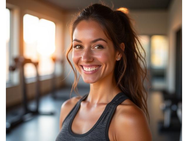 Portrait of Lisa Martinez, an energetic female fitness therapist in her late 30s