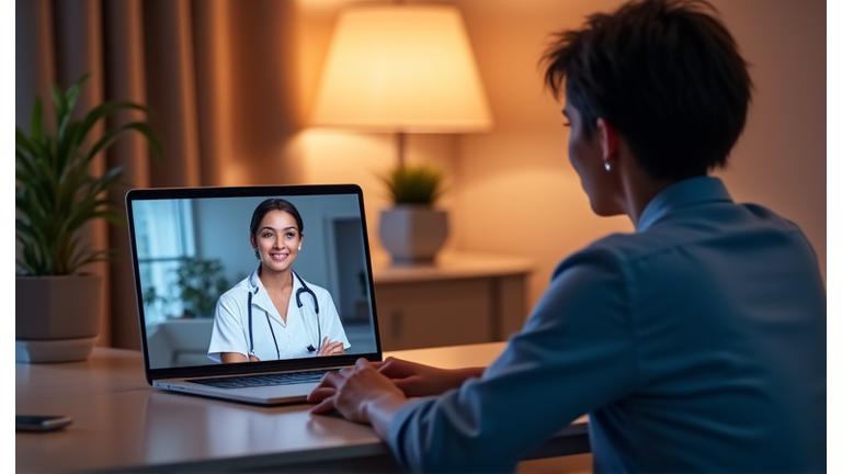 Illustration of a person having a focused, one-on-one virtual consultation with a health expert on a laptop screen.