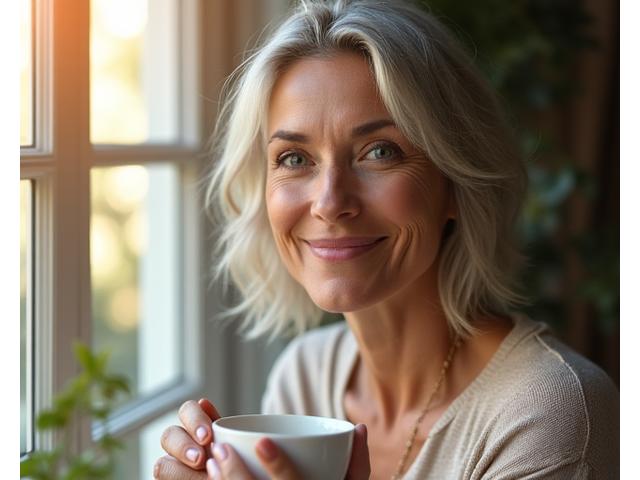 Joyful woman in her late 40s after significant weight loss and improved energy