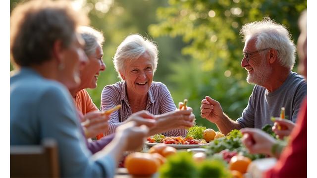 A vibrant scene depicting a multi-generational group of people enjoying a healthy, active lifestyle outdoors in a 'Blue Zone' inspired setting, emphasizing community, plant-based food, and natural movement.