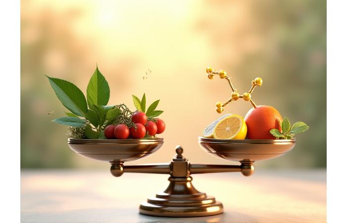 A delicate balance scale with various natural elements like herbs, healthy foods, and sunlight on one side, and simplified hormone molecule structures on the other, representing natural methods for endocrine support.