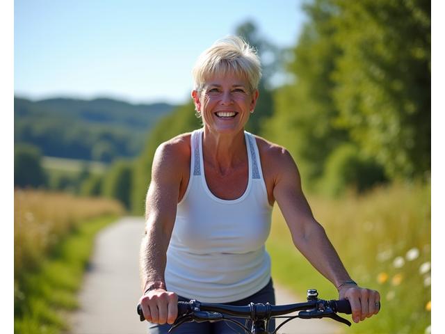 Ellen, a vibrant woman in her early 50s, outdoors cycling with a confident smile, embodying strength and vitality after navigating menopause.