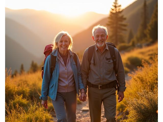 Susan and David, a smiling active couple in their late 60s, hiking together hand-in-hand on a scenic trail, embodying partnership and sustained health for adventure.