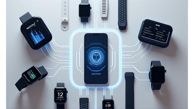 Diverse modern wearable devices like smartwatches and fitness trackers displaying health data, connected to a seamless digital interface.