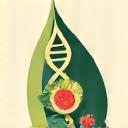 Icon representing personalized nutrition guide with stylized food groups and a DNA strand.