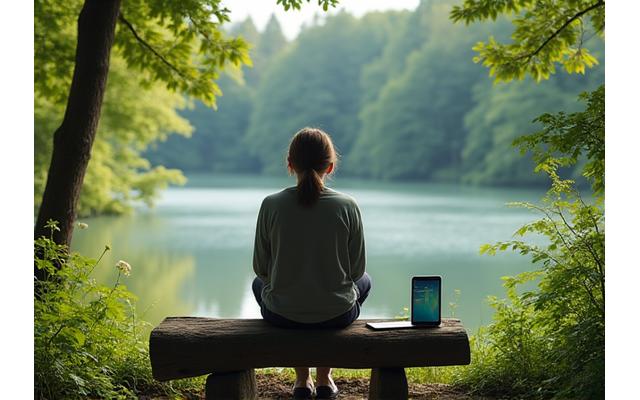 Person enjoying a digital detox in nature, leaving devices behind, representing digital wellness.