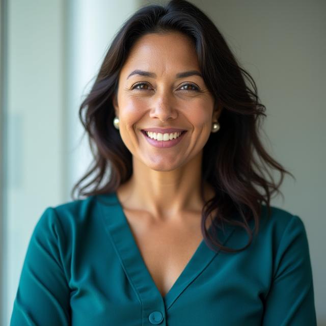 Portrait of Dr. Maya Sharma, a distinguished nutritionist with a warm and knowledgeable expression.