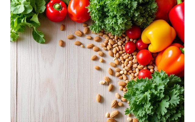 Healthy, colorful food ingredients laid out artfully on a wooden table, representing integrative nutrition.